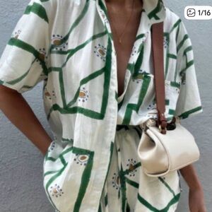 Commense Green and White Patterned Top
